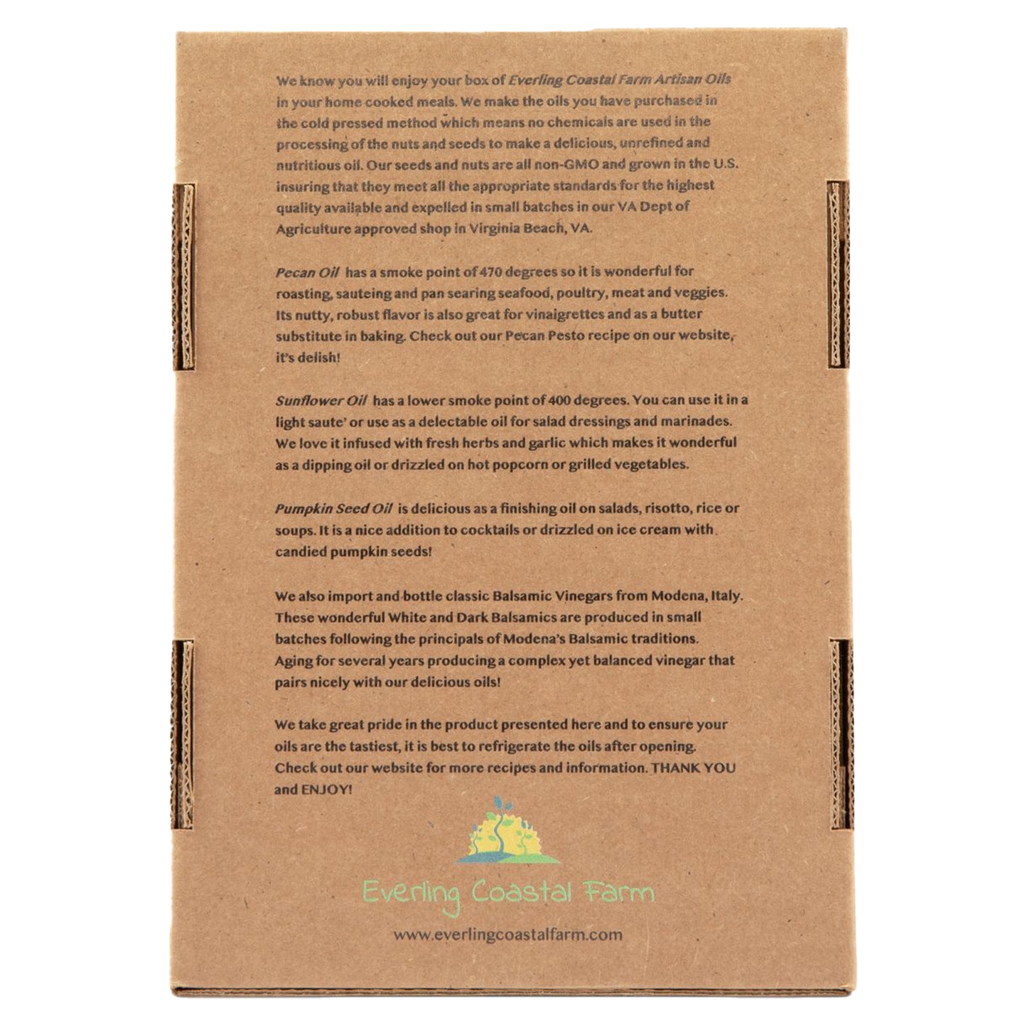 Everling Coastal Farms Balsamic Vinegar Gift Set Trio - Back Packaging