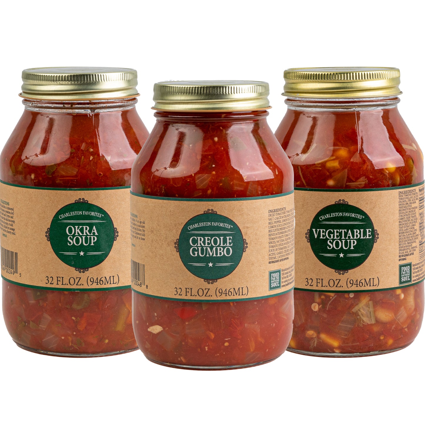 Food for the Southern Soul Okra Soup, Creole Gumbo, and Vegetable Soup jars.