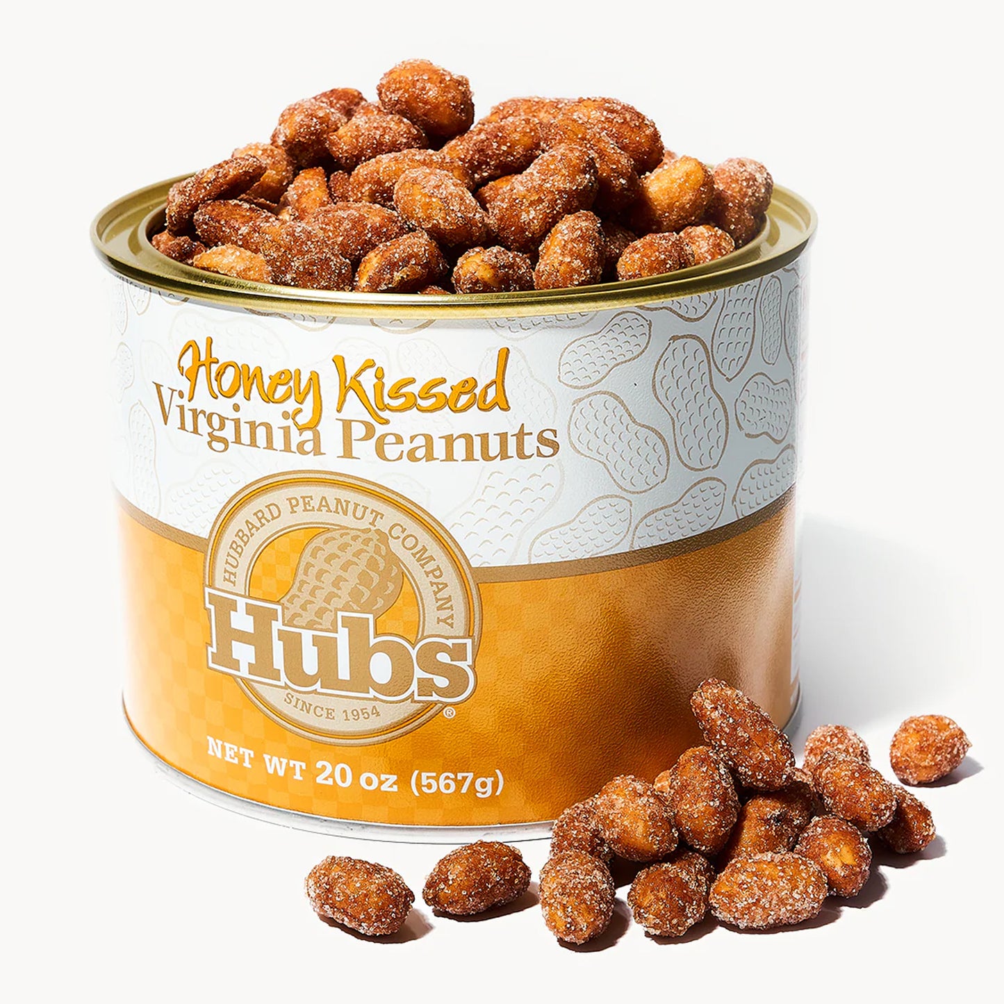 Can of Hubs Honey Kissed Peanuts open to show the product on a white background
