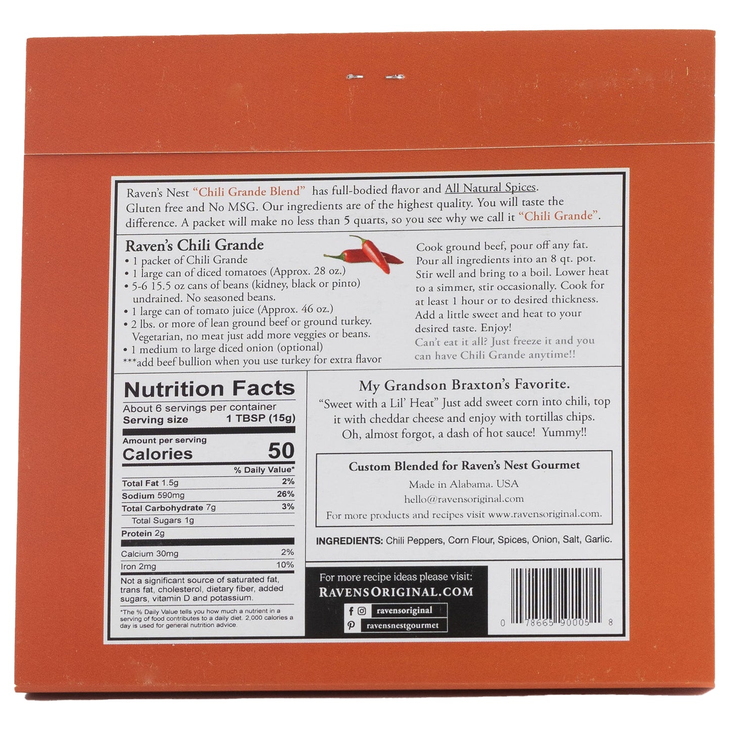 Raven's Nest Chili Grande Spice Blend Packaging (back) including nutritional information and a Chili recipe