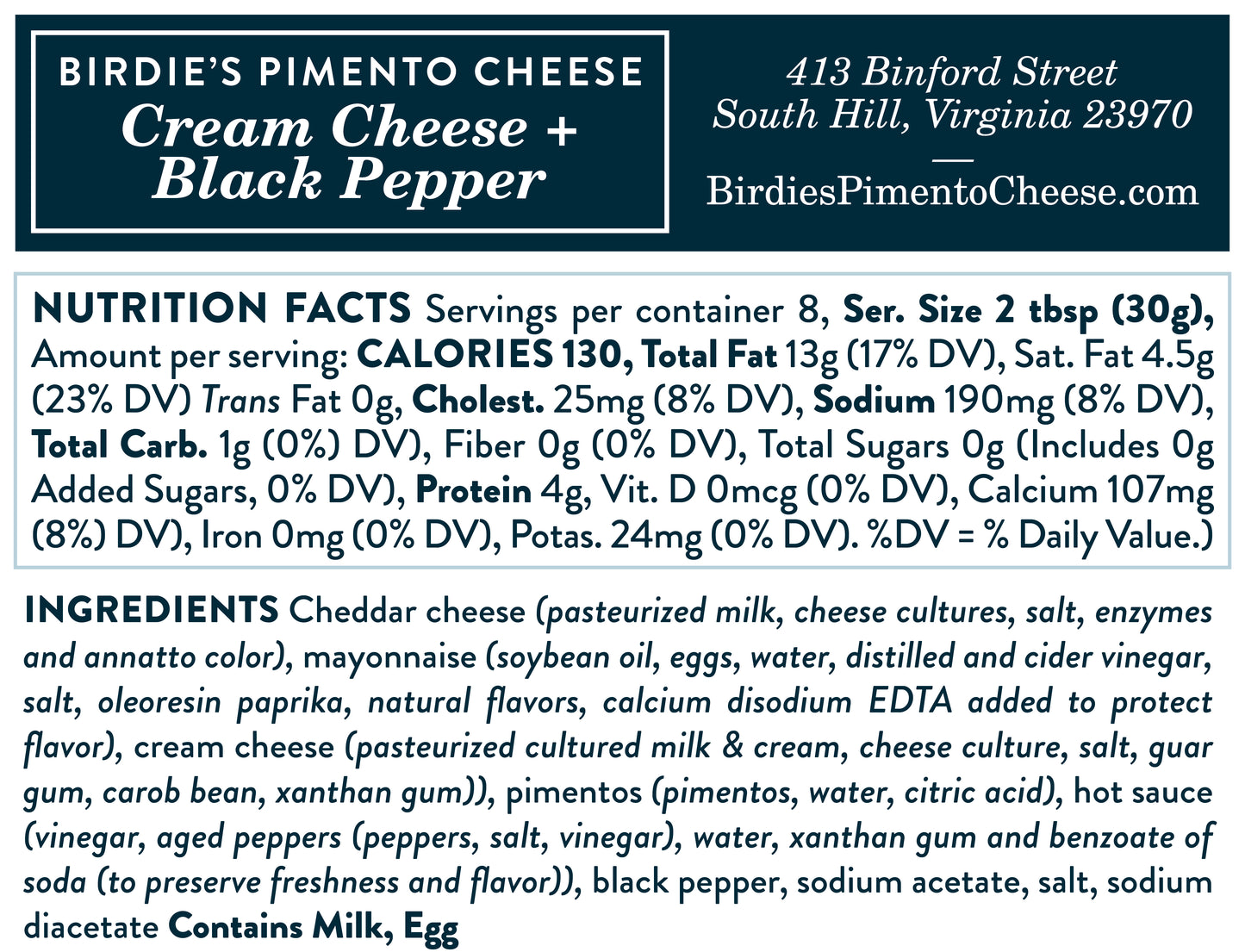Birdie's Cream Cheese and Black Pepper Pimento Cheese Nutritional Information