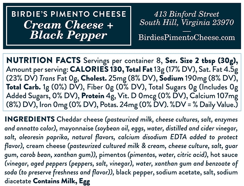 Birdie's Cream Cheese & Black Pepper Pimento Cheese Nutrition Information