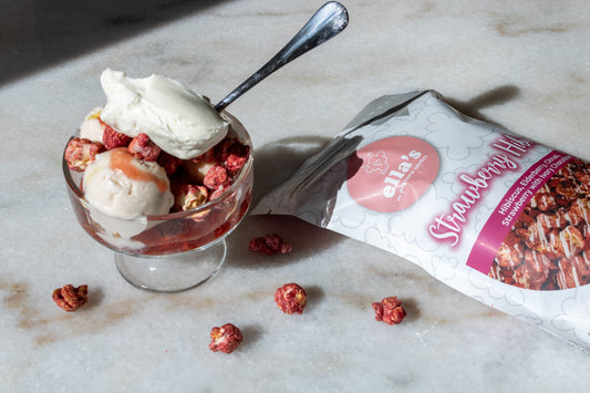 sundae on a marble table with pink popcorn
