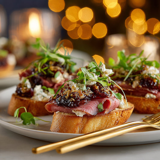 Lamb Pastrami Toasts with Fig Jam and Goat Cheese