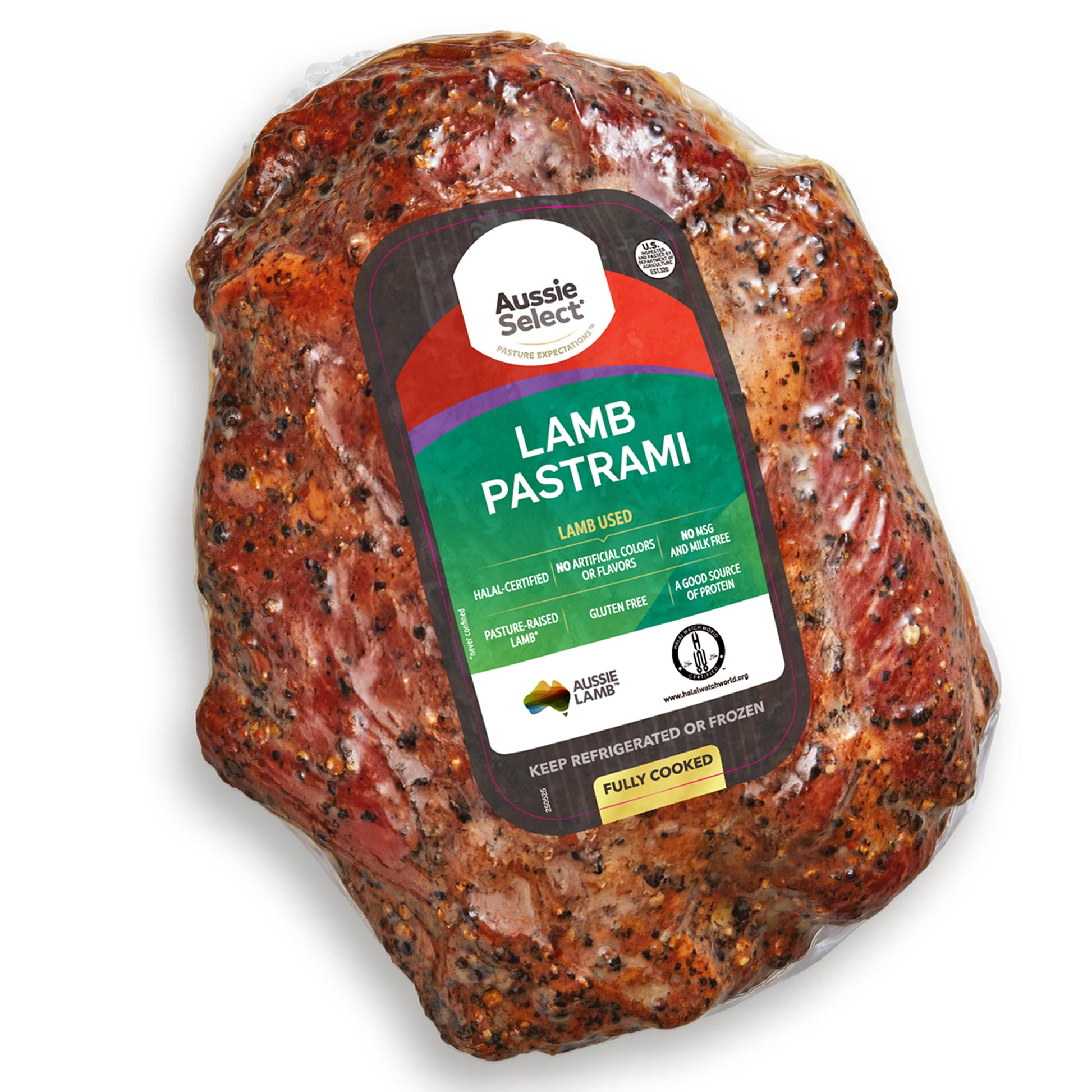 Lamb pastrami with 'Aussie Select' label on a white background