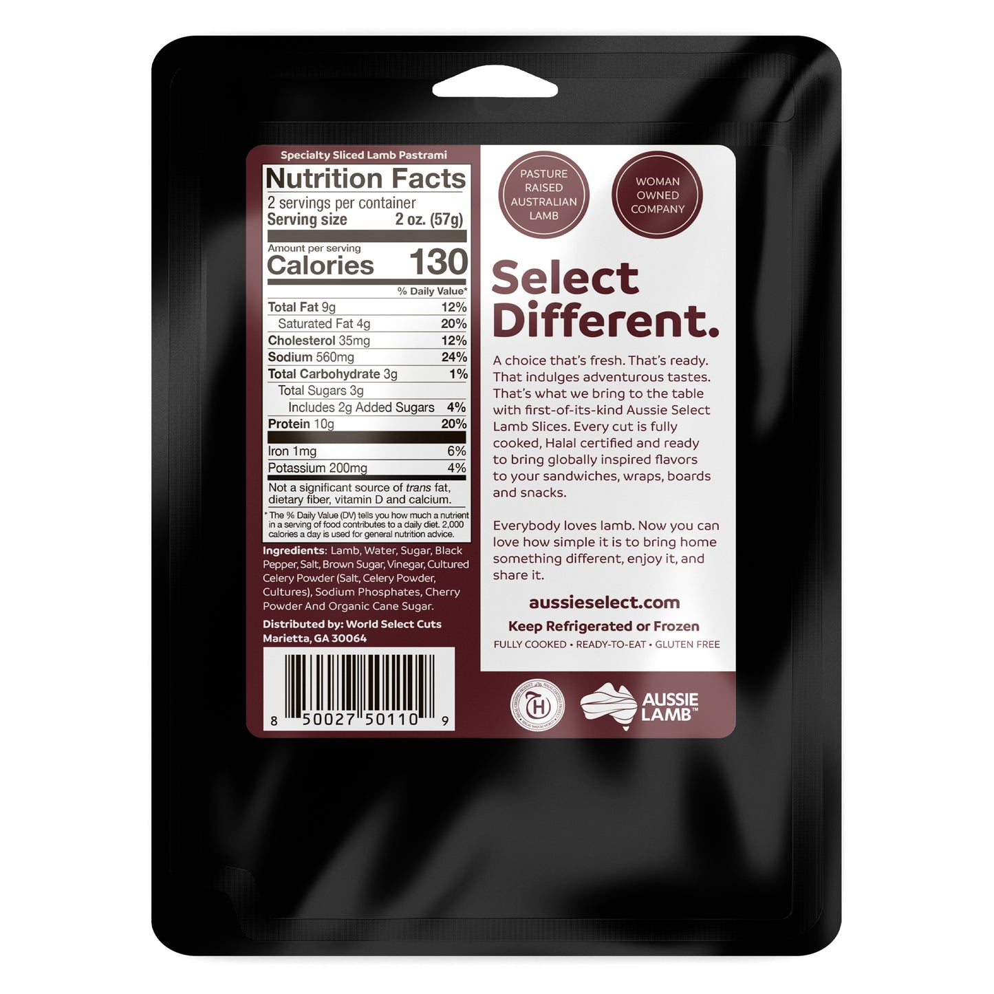 Back of Aussie Select's Sliced Lamb Pastrami featuring nutrition information and brand information in black packaging on a white background