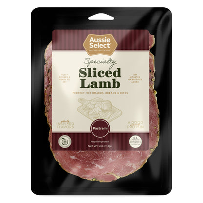 Front of Aussie Select's Sliced Lamb Pastrami in black packaging on a white background
