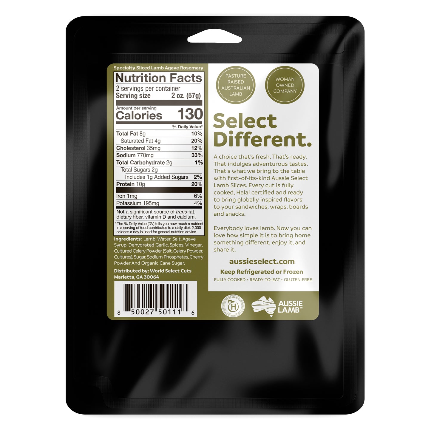 Nutrition facts label on Packaged Agave Rosemary sliced lamb with Aussie Select branding on a black background

