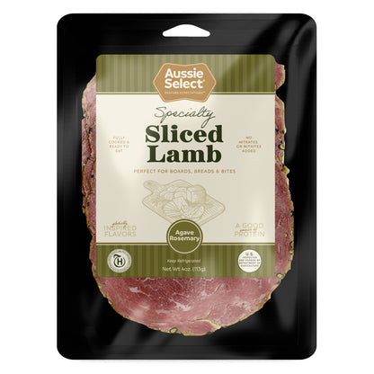 Packaged sliced lamb with Aussie Select branding on a black background