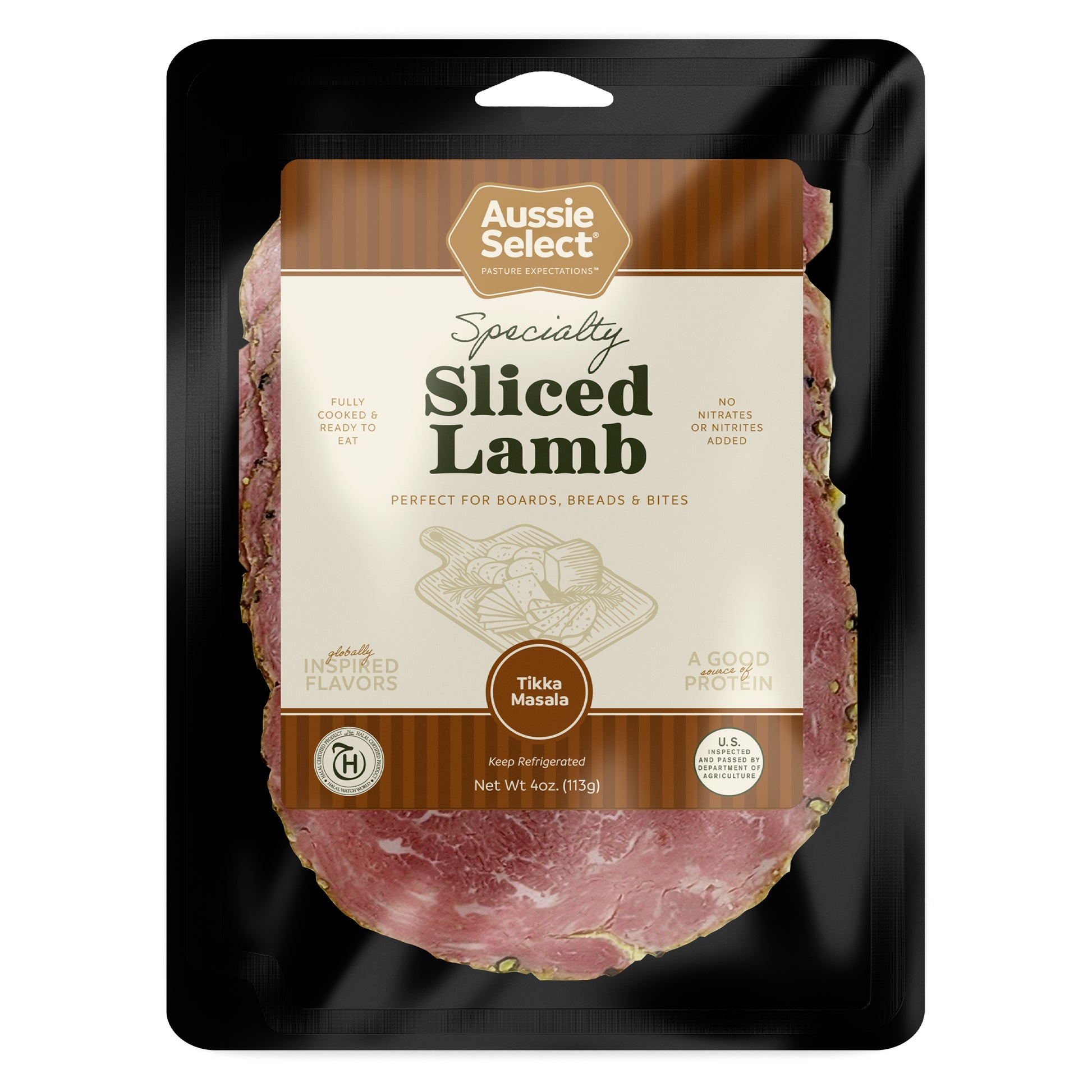 Packaged sliced lamb with Aussie Select branding on a black background