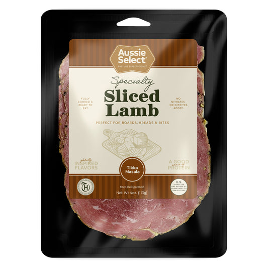 Packaged sliced lamb with Aussie Select branding on a black background