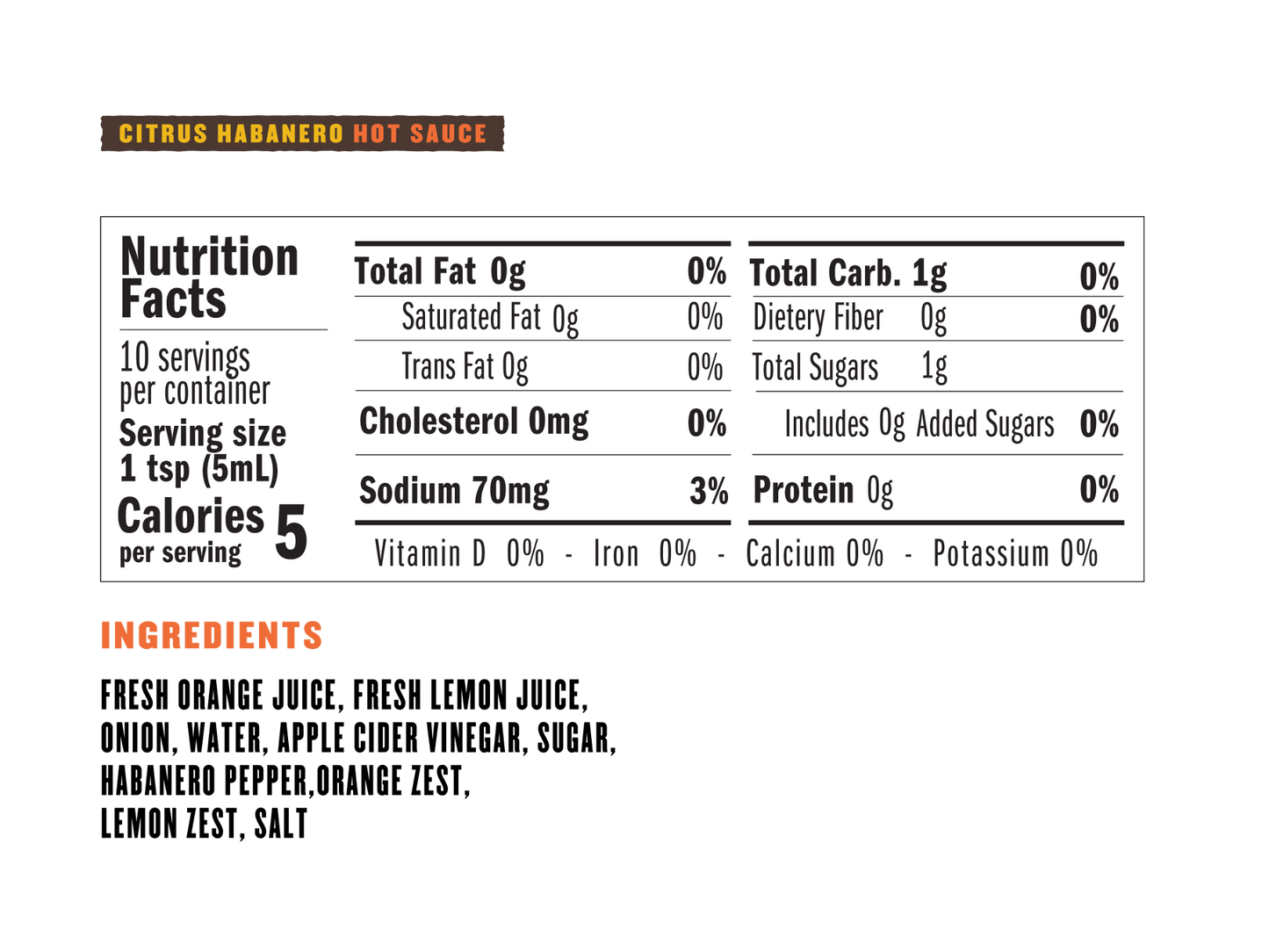 Nutrition facts and ingredients label for Sobremesa's Citrus Habanero Hot Sauce on a white background