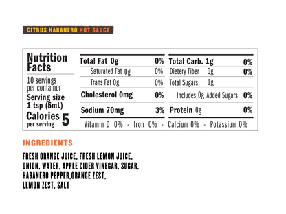 Nutrition facts and ingredients label for Sobremesa's Citrus Habanero Hot Sauce on a white background