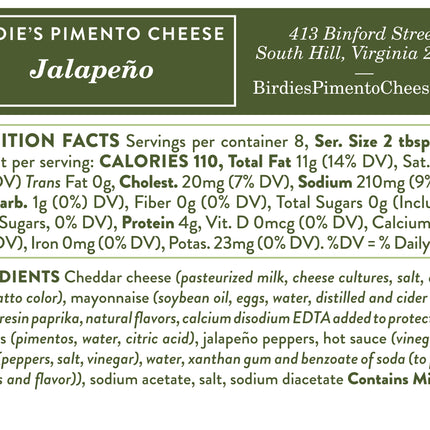 Birdie's Jalapeno Pimento Cheese Nutritional Information