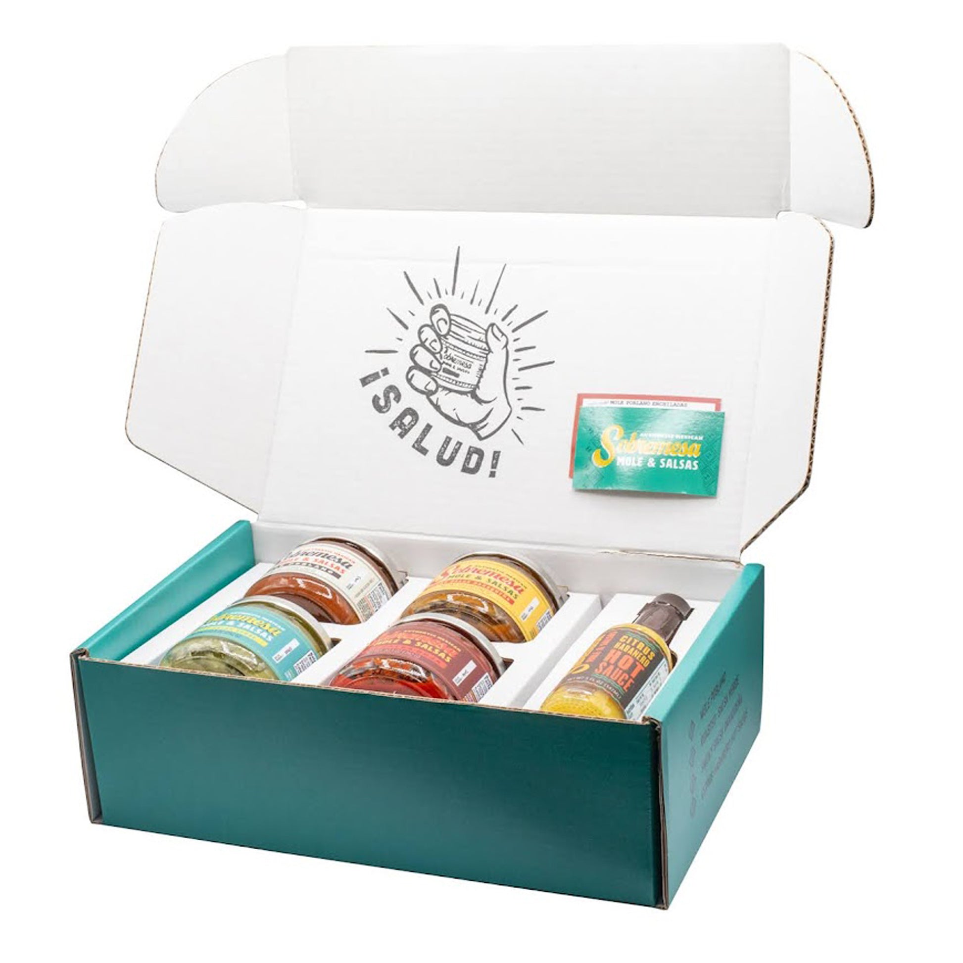Open teal box with jars of salsa and a visible brand logo on a white background