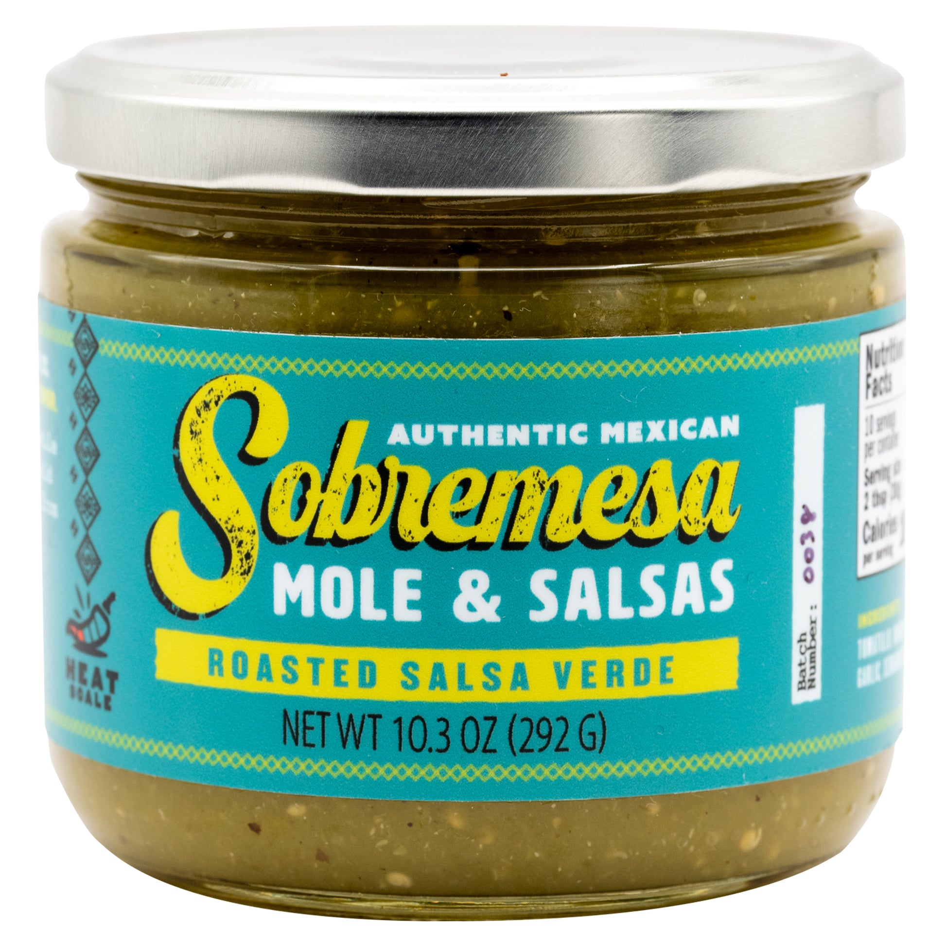Jar of Sobremesa Roasted Salsa Verde with a blue label on a white background