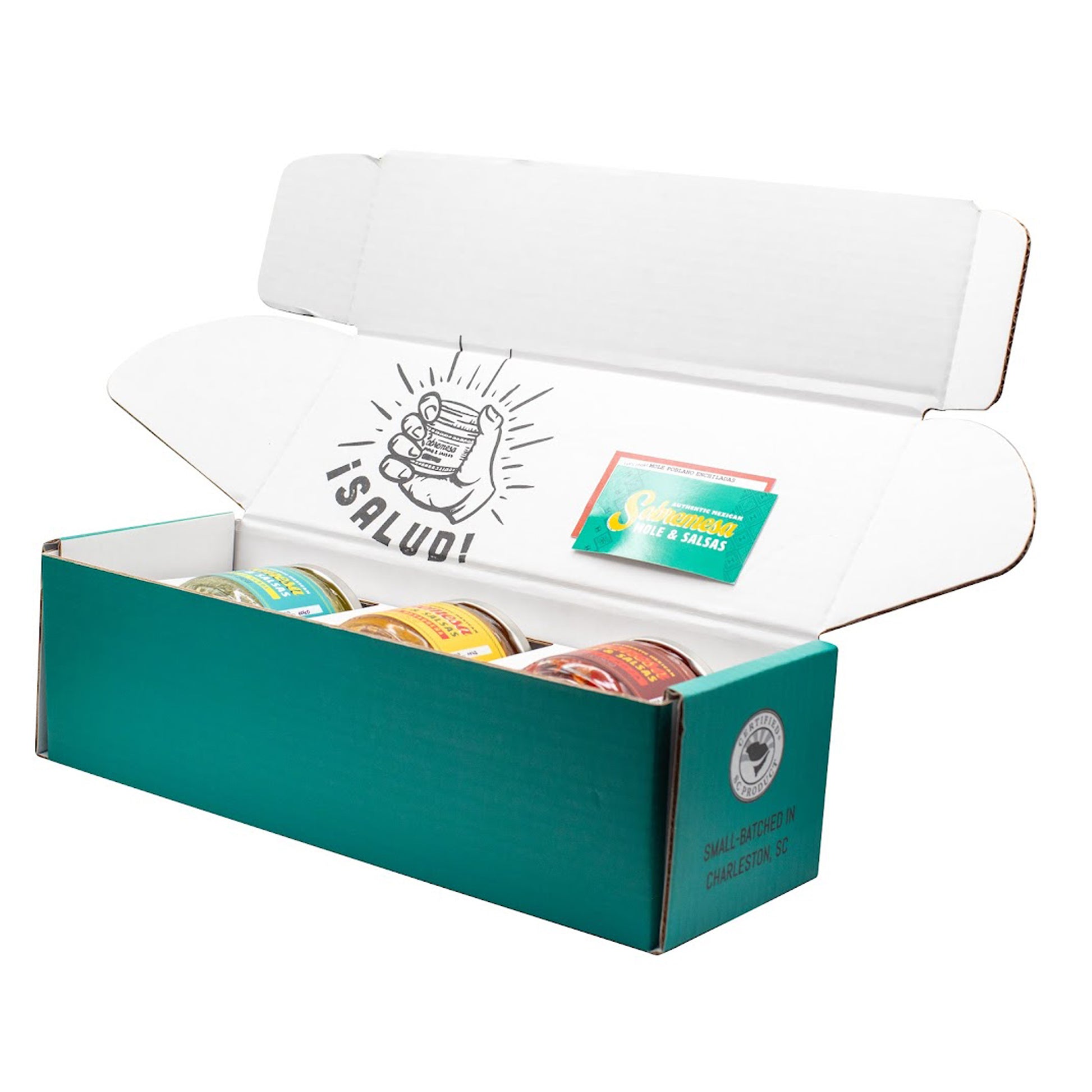Open teal box with 'Salud' branding and colorful packages inside on a white background