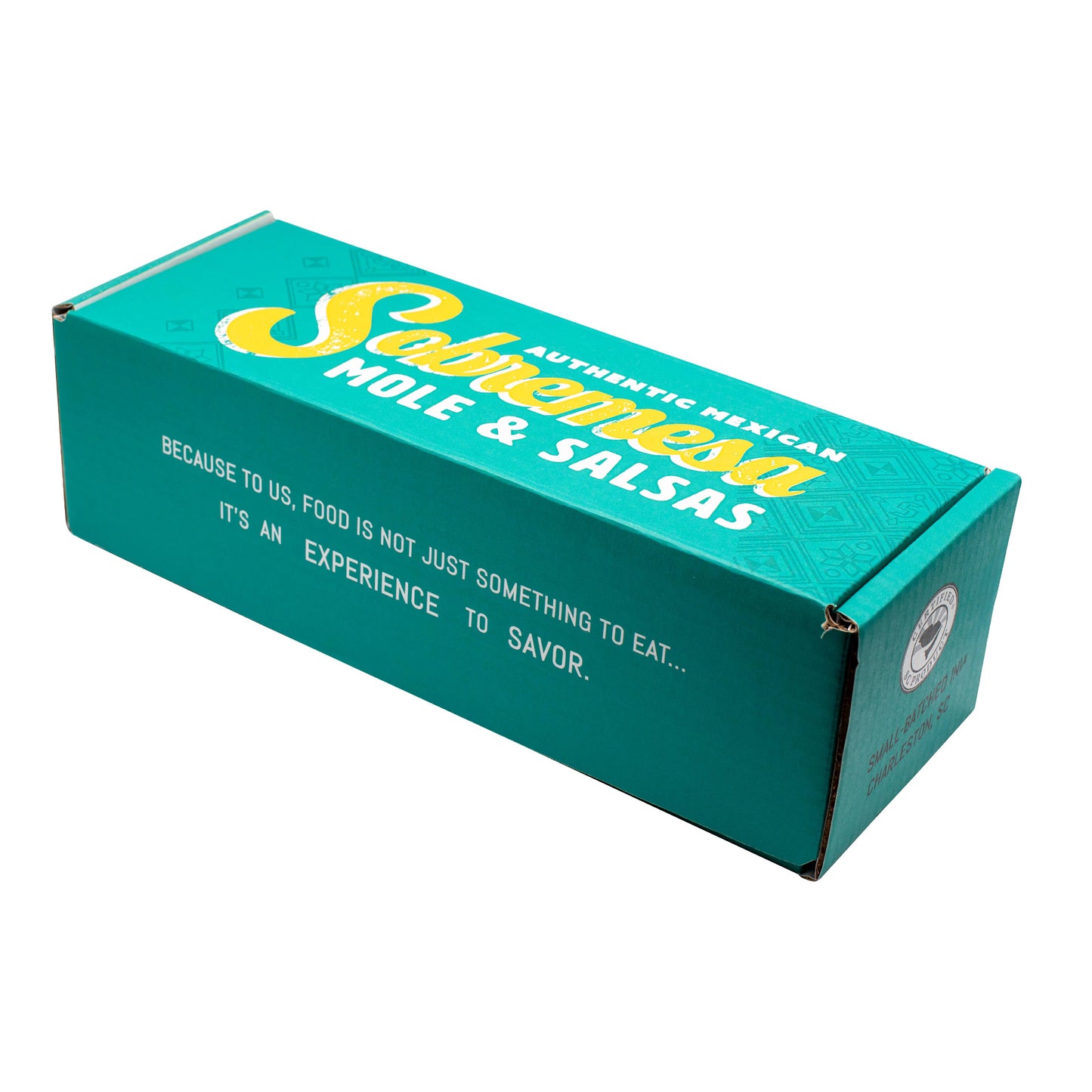 Teal box of Sobremesa Mole & Salsas with yellow and white text on a white background