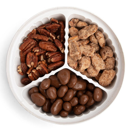 Billies Pecans Signature Party Trio with Toasted Pecans, Milk Chocolate Pecans, and Cinnamon Sugar Pecans Top View