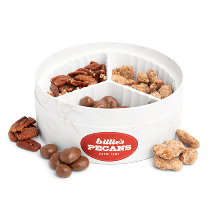 Billies Pecans Signature Party Trio with Toasted Pecans, Milk Chocolate Pecans, and Cinnamon Sugar Pecans