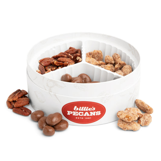 Billies Pecans Signature Party Trio with Toasted Pecans, Milk Chocolate Pecans, and Cinnamon Sugar Pecans