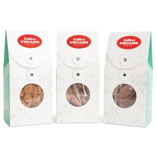 Billies Pecans 8oz Signature Assortment with Cheese Crispies, Cinnamon Sugar Pecans, and Toasted Pecans 