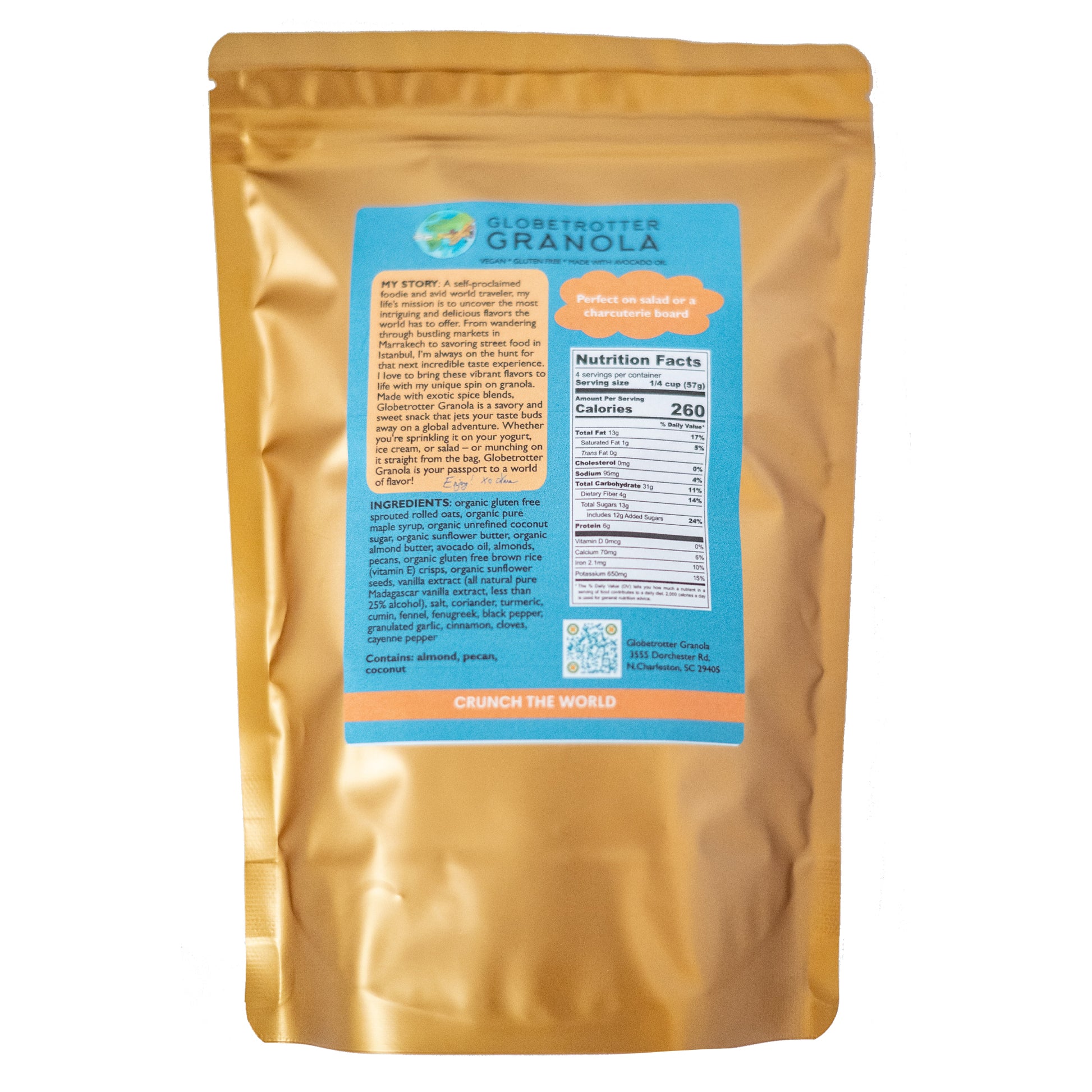 Back of the Globetrotter Granola Can Can Curry Granola Bag featuring nutrition info and ingredients. 