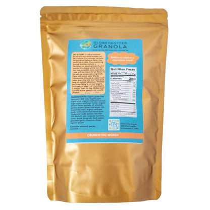 Back of the Globetrotter Granola Can Can Curry Granola Bag featuring nutrition info and ingredients. 