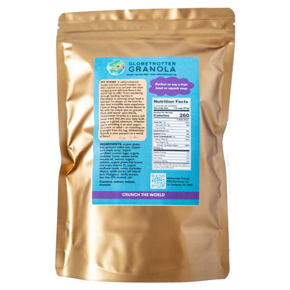 Back of the Globetrotter Granola Disco Dukkah Granola Bag featuring nutrition facts and ingredients. 