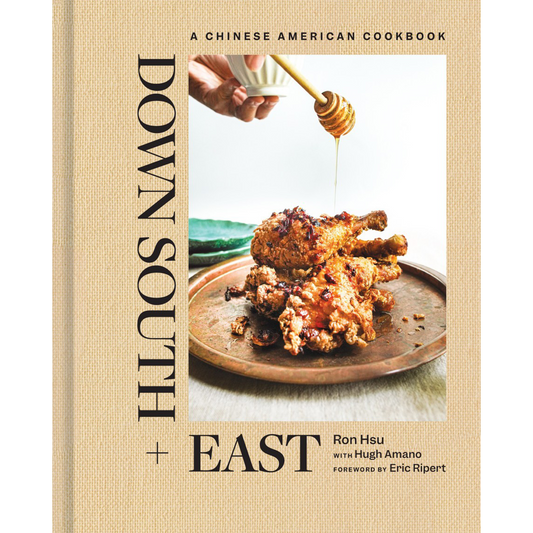 Book cover of 'Down South + East' with fried chicken and honey drizzle on a plate.