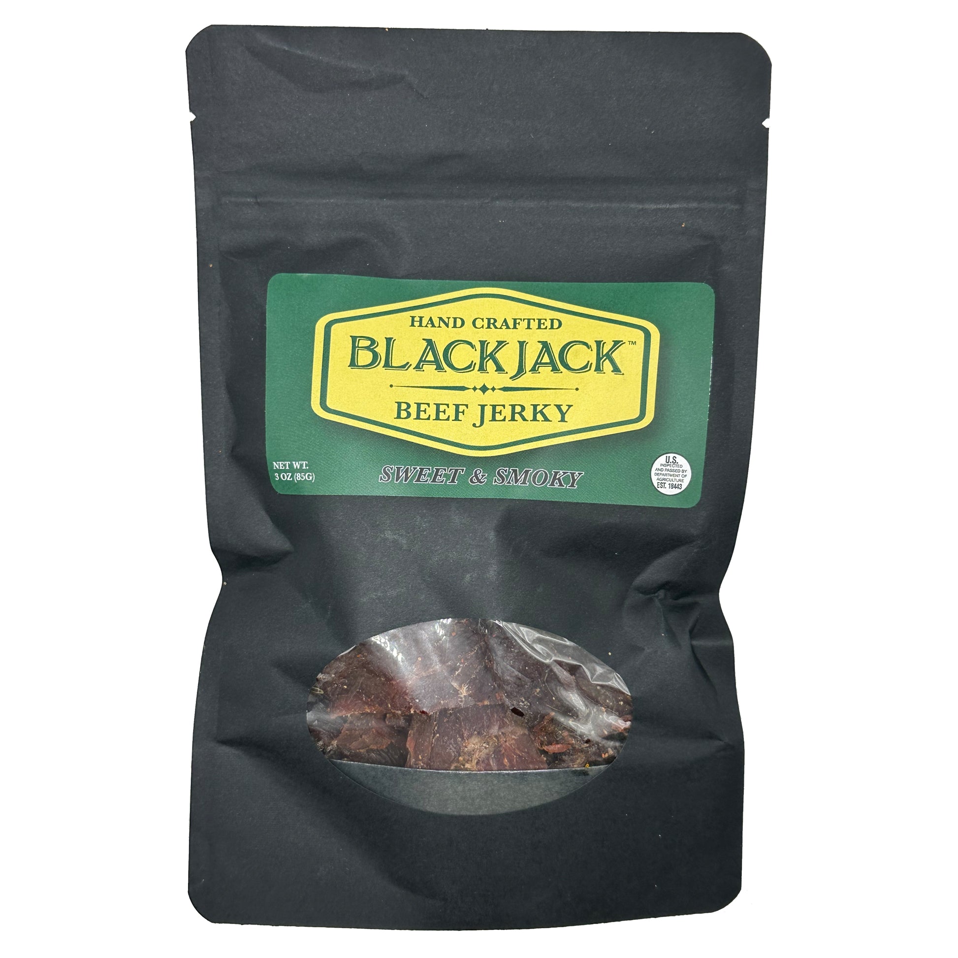 Black bag of Food for the Southern Soul's Blackjack Beef Jerky with a green label on a white background