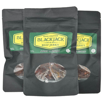 Three packages of Food for the Southern Soul Blackjack Beef Jerky with visible beef jerky inside on a white background.