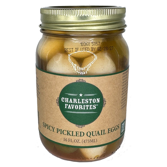Jar of Charleston Favorites Spicy Pickled Quail Eggs on a white background