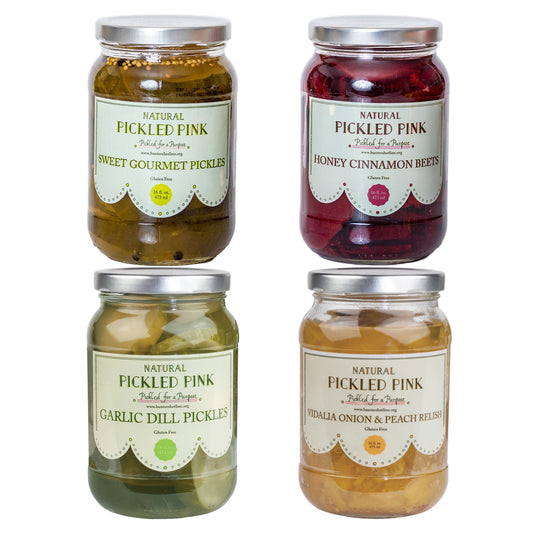 Pickled Pink Sweet Gourmet Pickles, Honey Cinnamon Beets, Garlic Dill Pickles, Vidalia Onion & Peach Relish 4-Pack