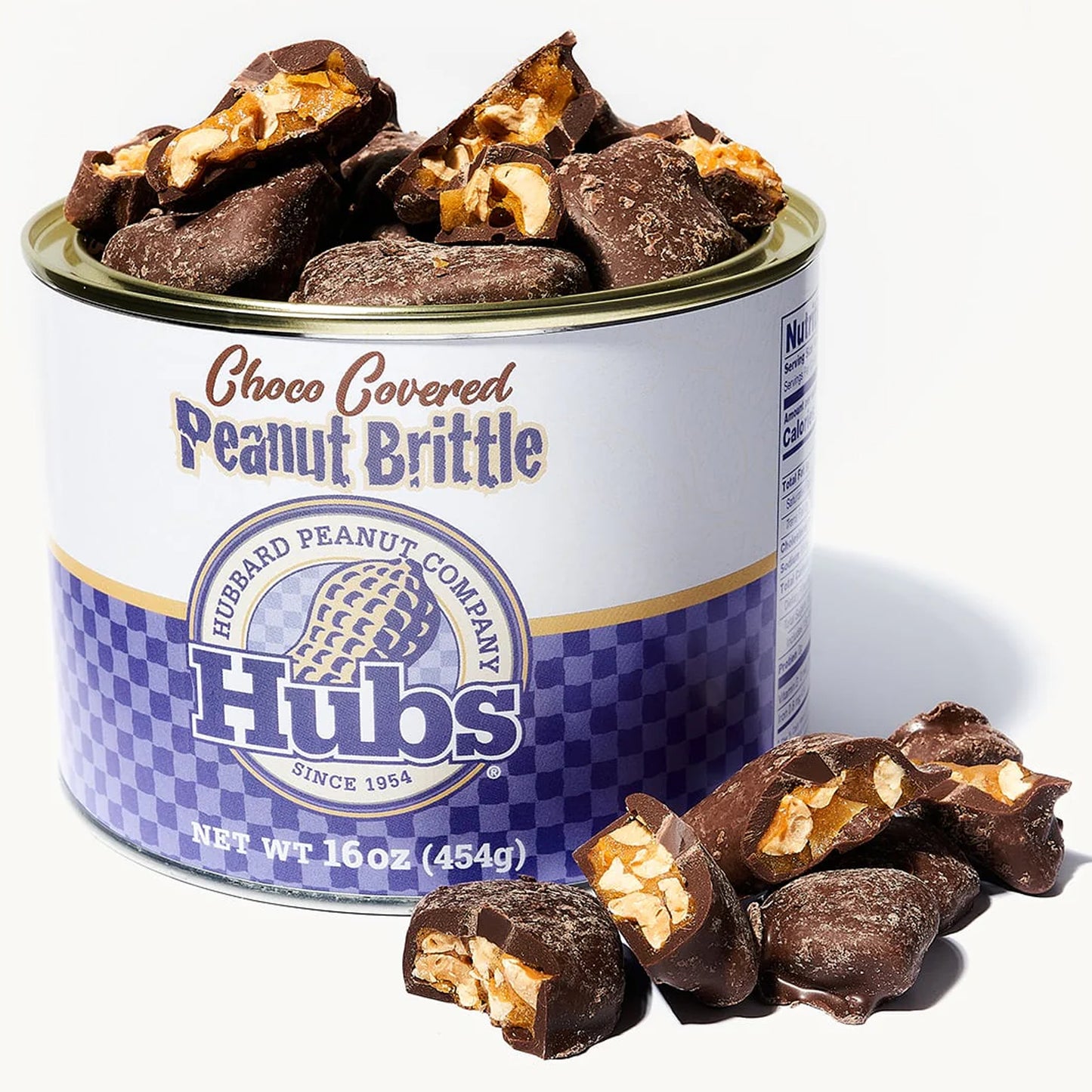 Can of Hubs choco covered peanut brittle with pieces of candy on a white background