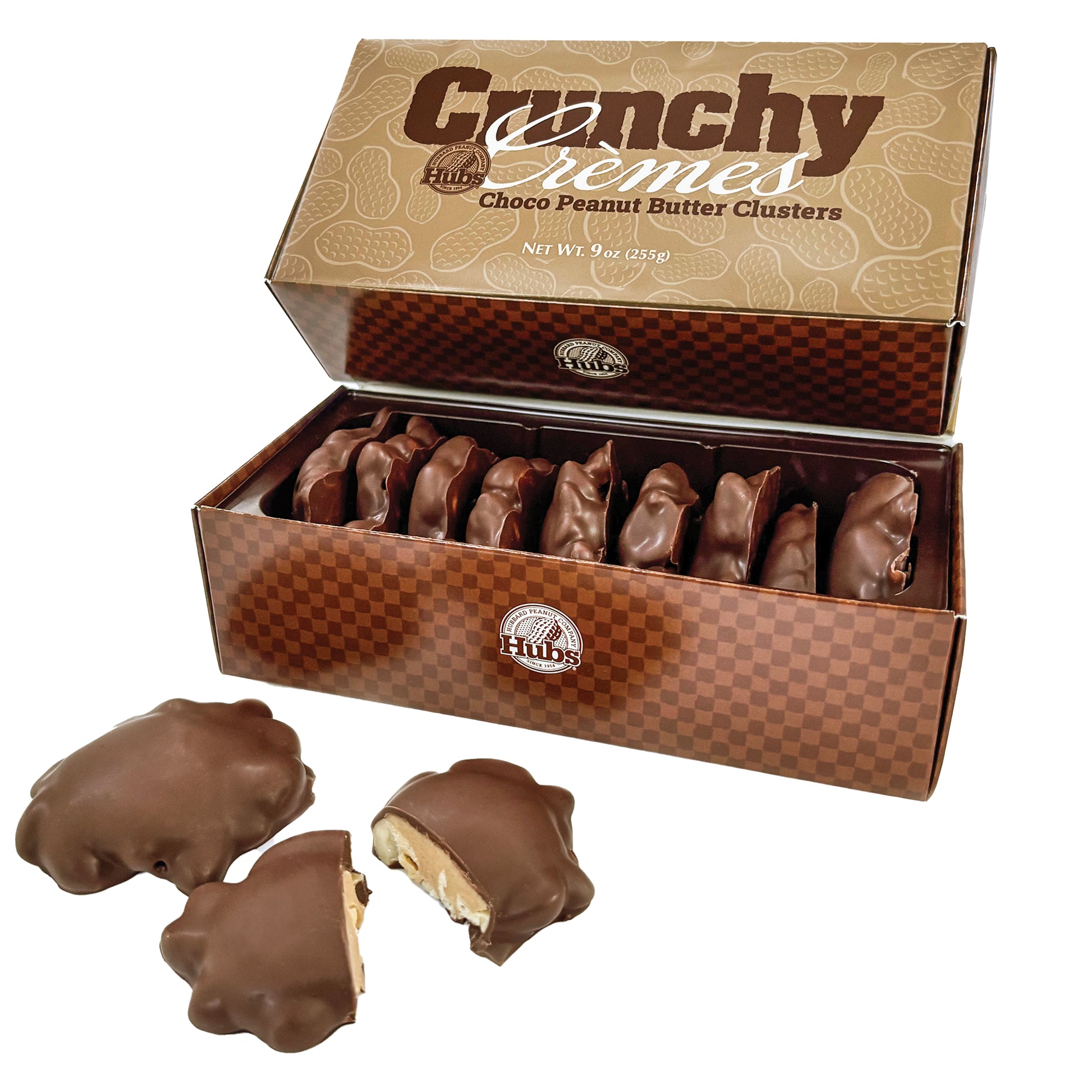 Box of Crunchy Cremes Choco Peanut Butter Clusters with a few pieces displayed in front on a white background.