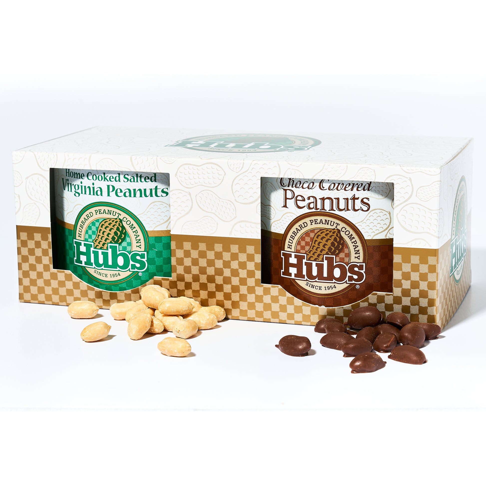 Hub's Peanuts Gift Duo including Salted Peanuts and Chocolate Covered Peanuts with a handful of each variety in front of the packaged gift set. 