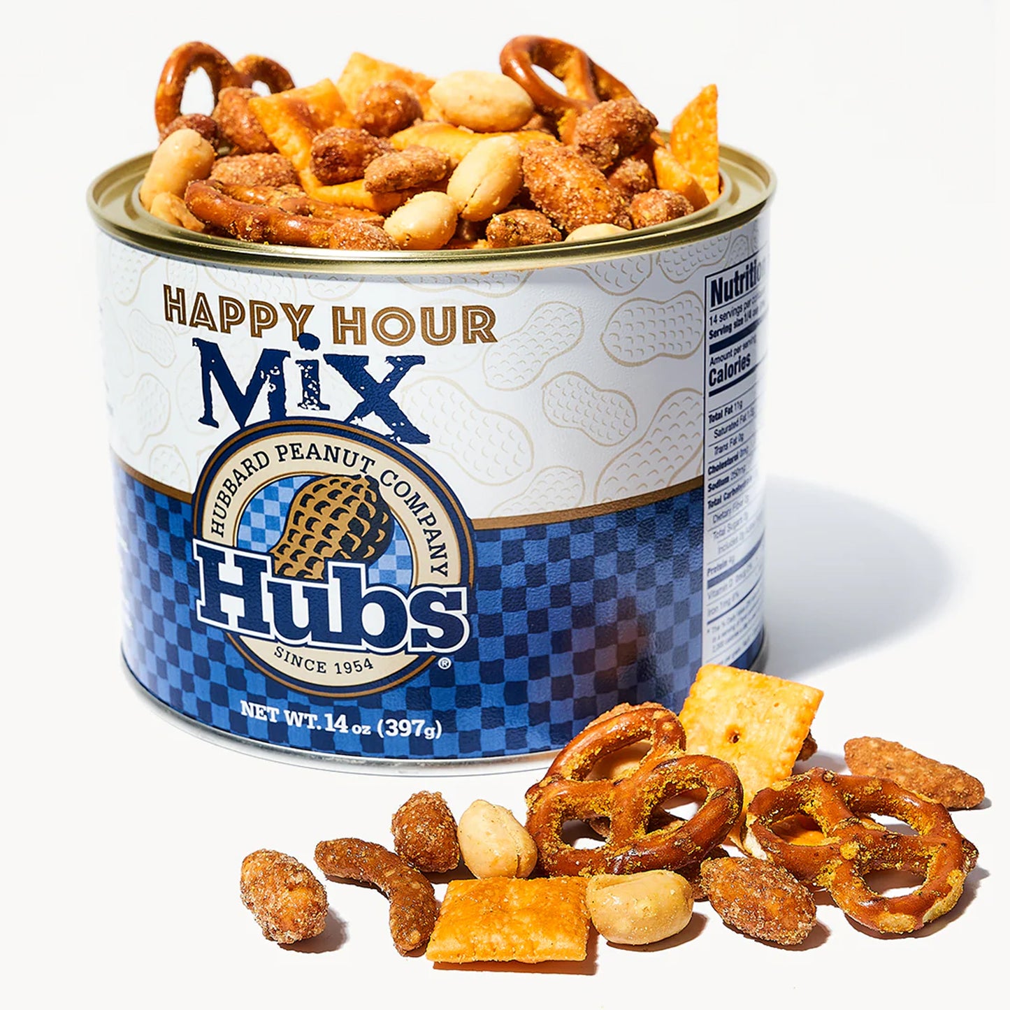 Can of 'Happy Hour Mix' with snacks on a white background