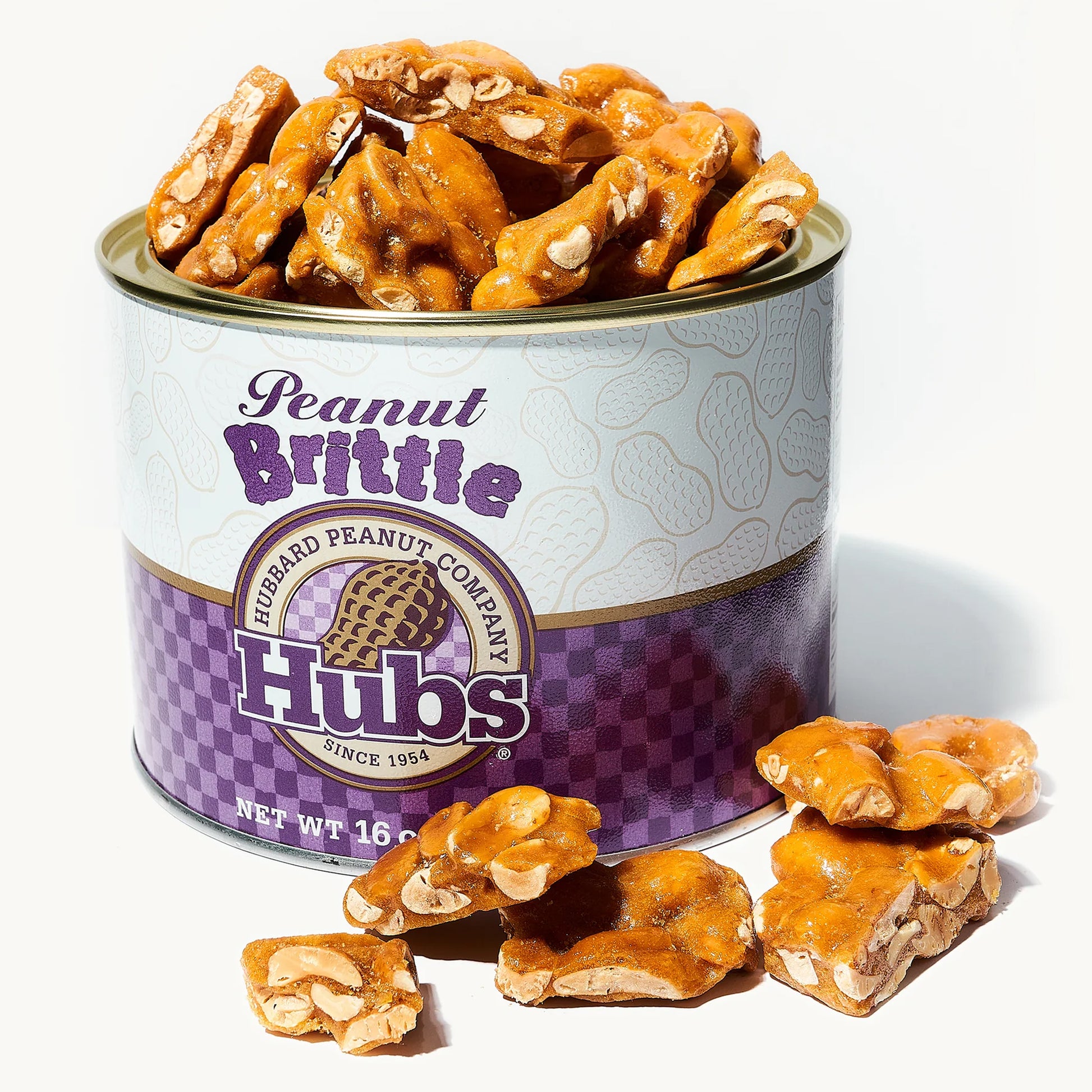 Open can of Hubs Peanut Brittle Showing the product inside