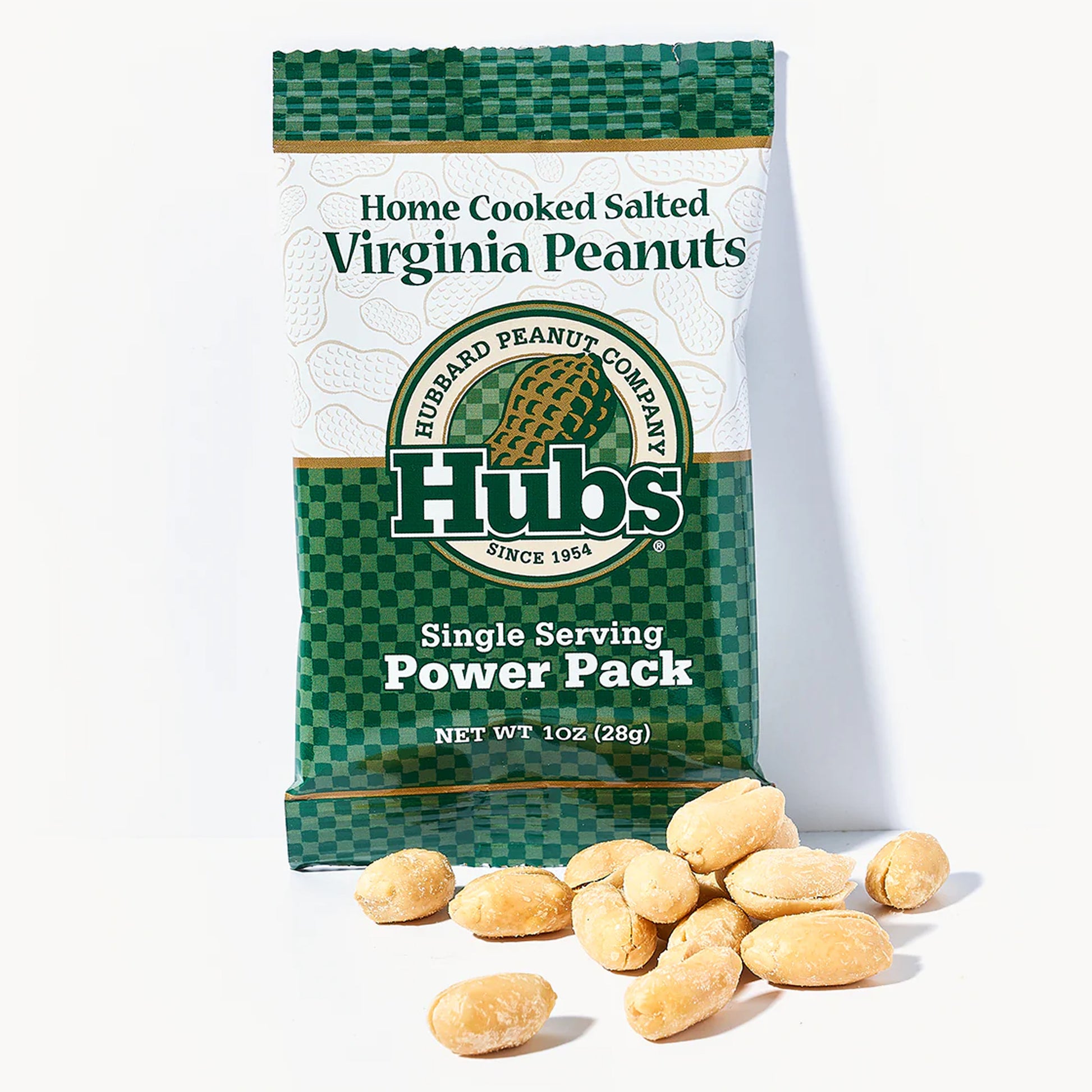 Bag of Hubs Home Cooked Salted Virginia Peanuts Single Serving Power Pack on a white background