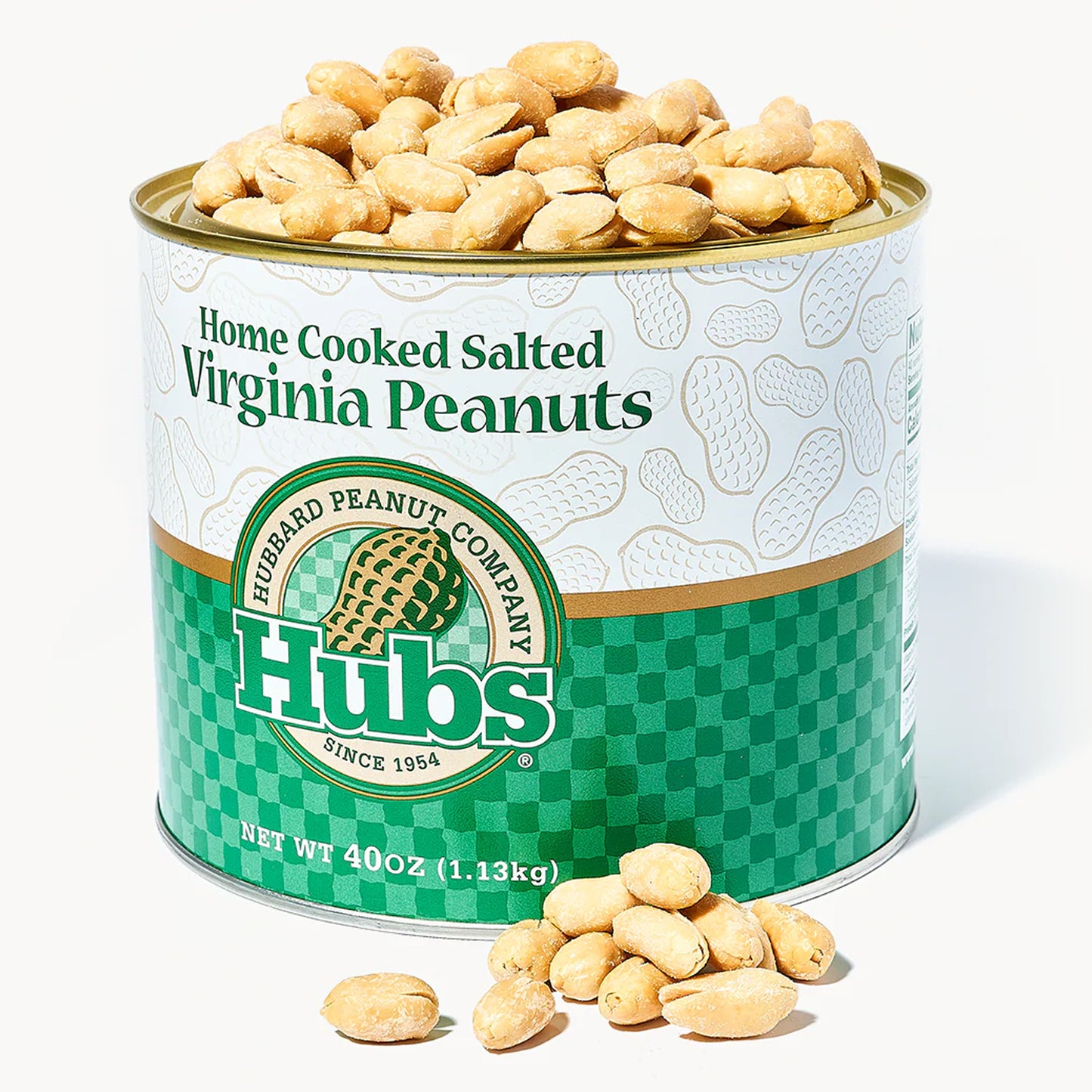 Can of Hubs Home Cooked Salted Virginia Peanuts with green and white label