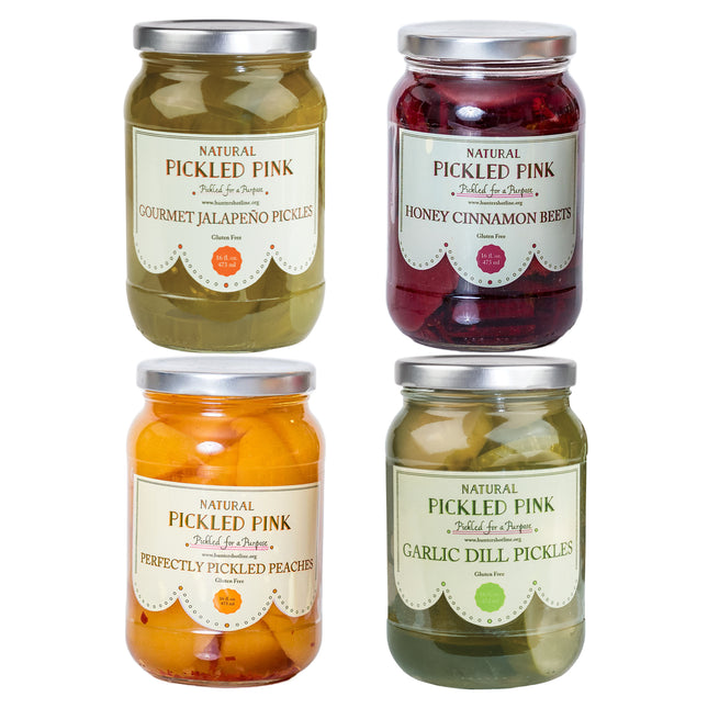 Pickled Pink Gourmet Jalapeno Pickles, Honey Cinnamon Beets, Perfectly Pickled Peaches, Garlic Dill Pickles 4-Pack