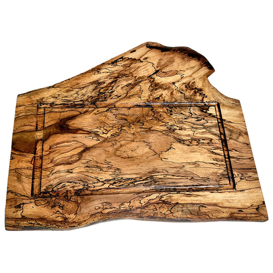 15 inch by 18 inch Pecan wood cutting board with a natural finish on a white background 