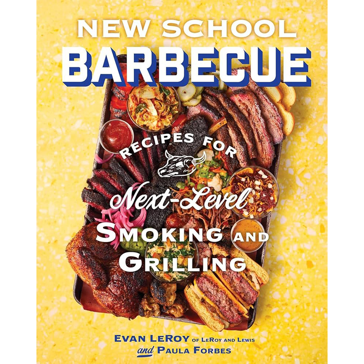 Book cover of 'New School Barbecue' with barbecue ingredients on a yellow background