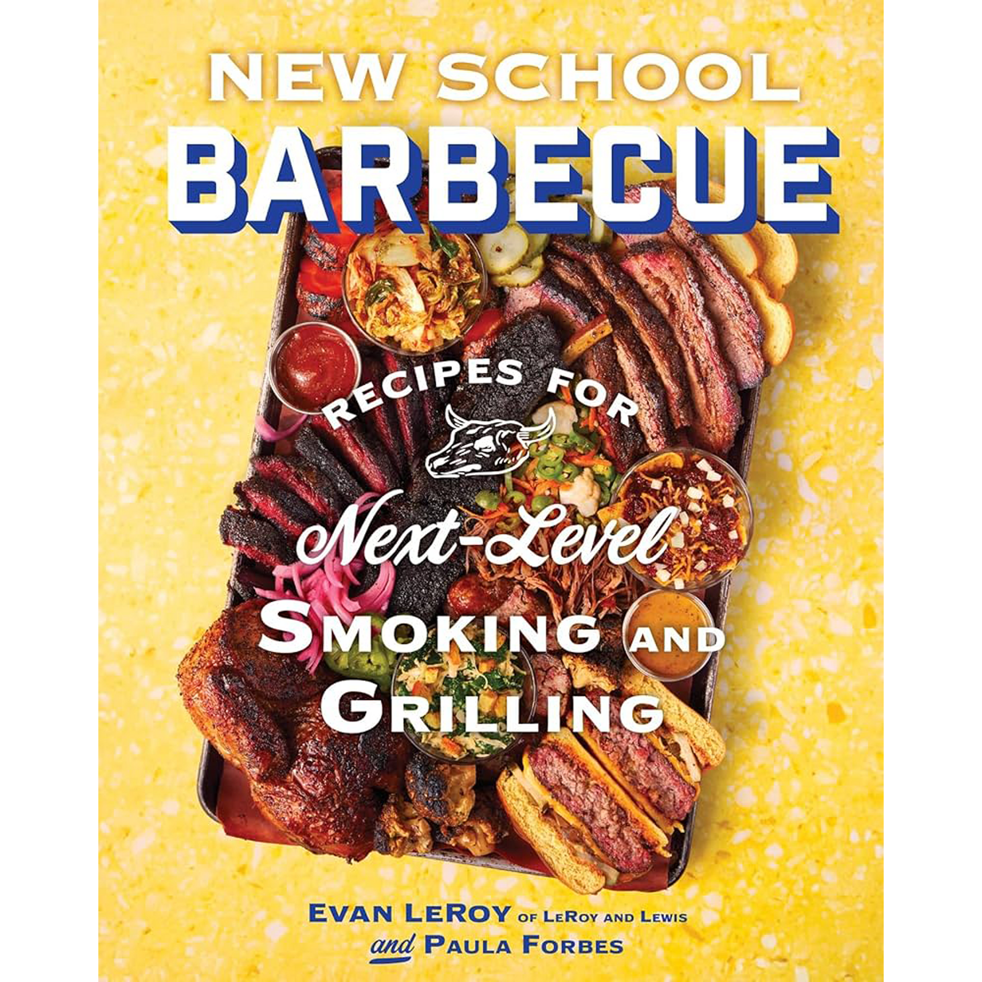 Book cover of 'New School Barbecue' with barbecue ingredients on a yellow background