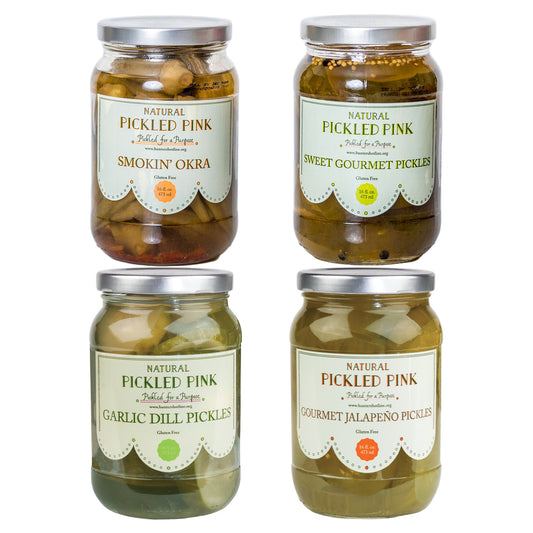 Pickled Pink Smokin Okra, Sweet Gourmet Pickles, Garlic Dill Pickles, Gourmet Jalapeno Pickles 4-Pack