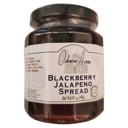 Osburn Acres Blackberry Jalapeno Spread in glass jar. 