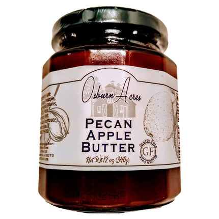 Osburn Acres Pecan Apple Butter in glass jar. 