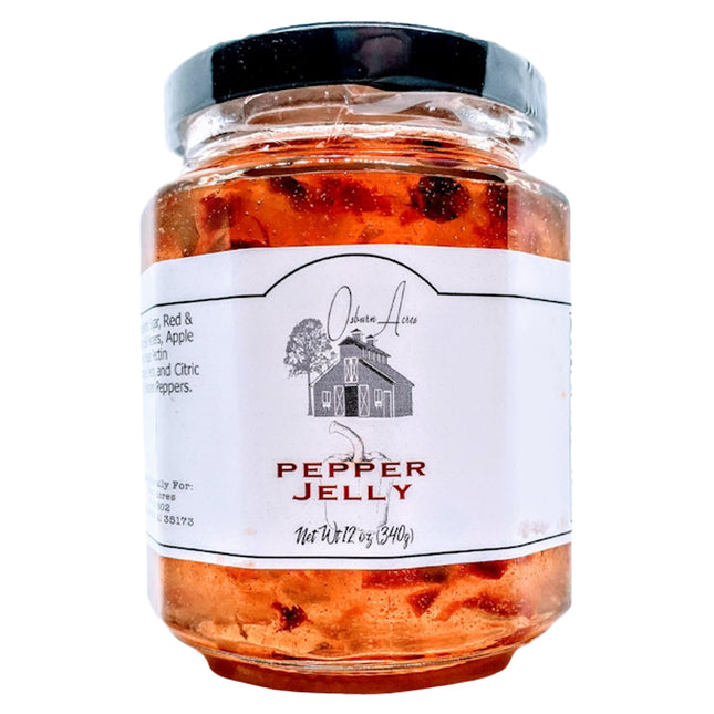 Osburn Acres Pepper Jelly in glass jar. 