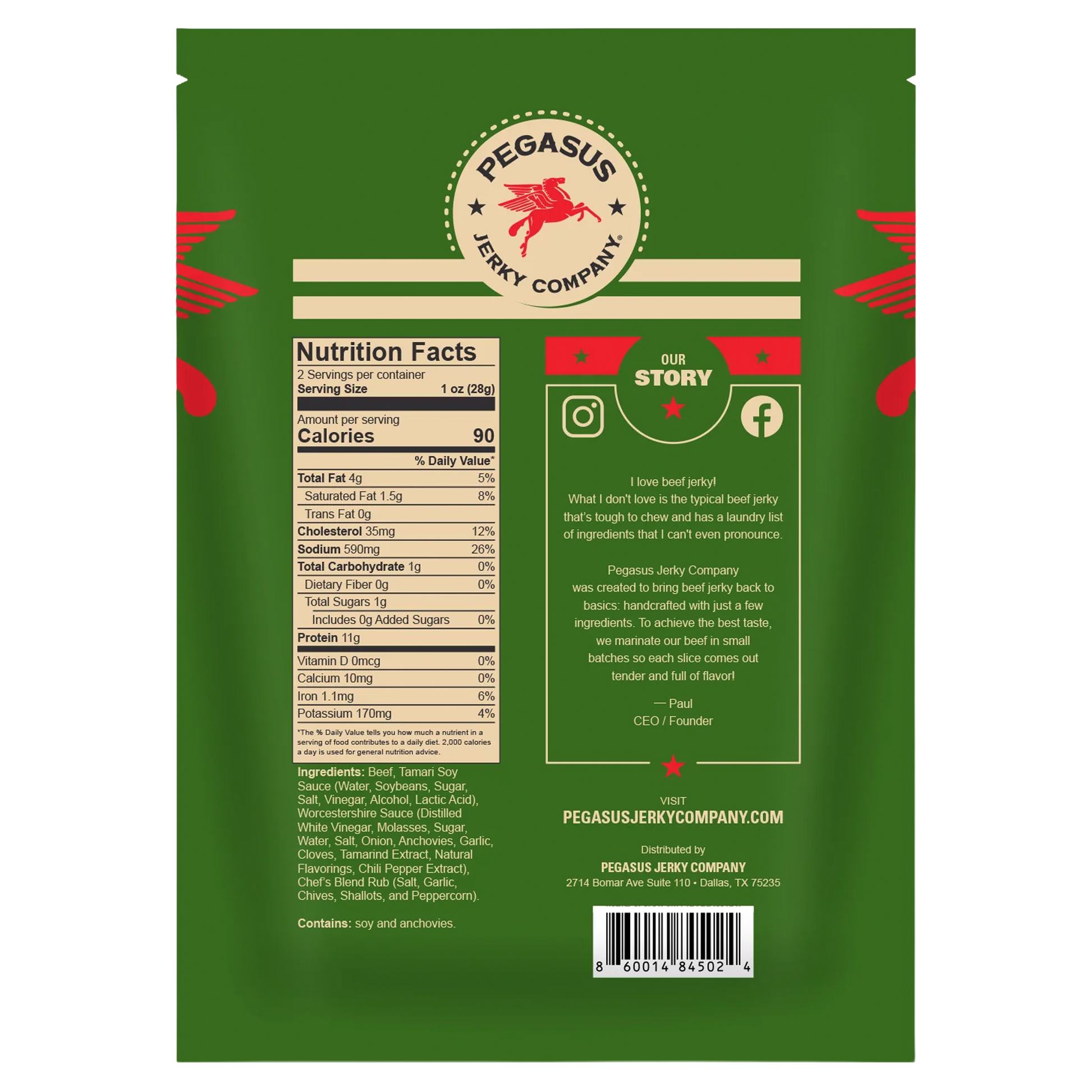 Back of a Pegasus Jerky Company Chef's Blend beef jerky package in dark green, showing nutrition facts, ingredients, an Our Story panel, and a barcode.